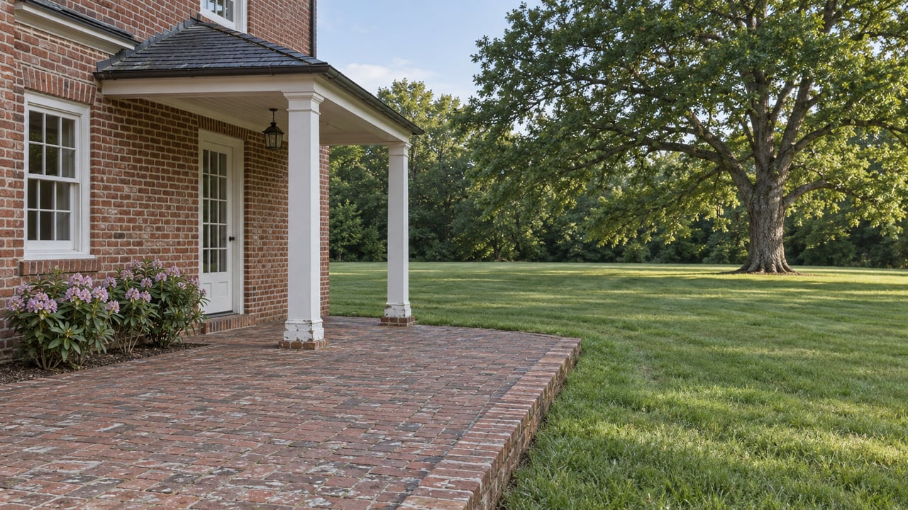 Brick two-story house with a covered porch overlooking a broad lawn, mature oak, and brick terrace.