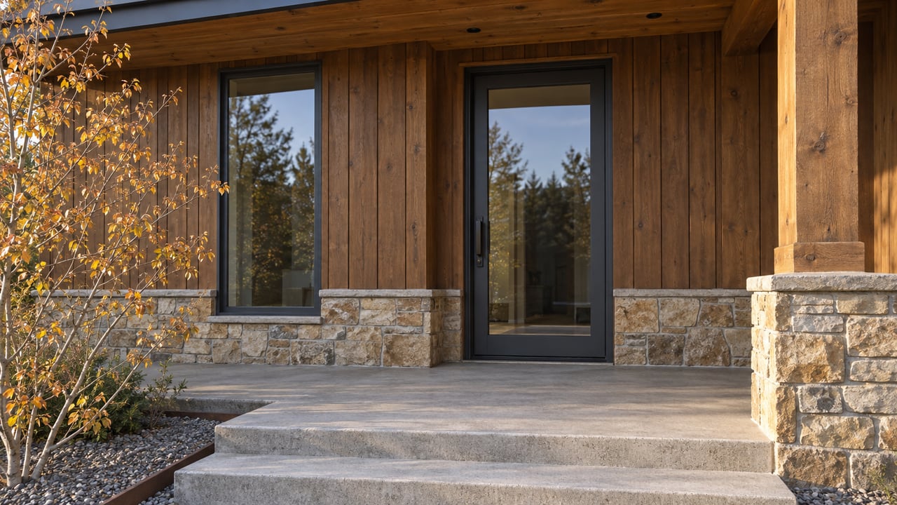 Timber-clad home entry with a glazed charcoal door, sandstone base and broad concrete steps in morning light.