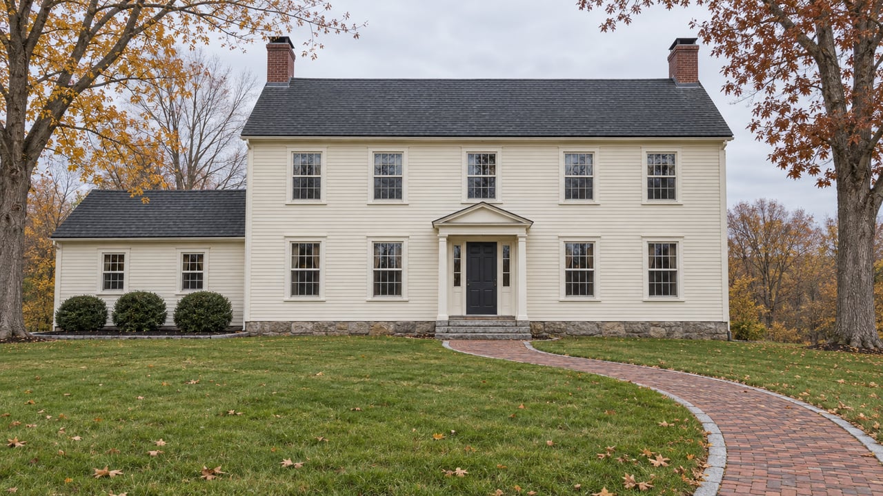 An ivory clapboard home with granite entry steps and a curved brick walk across a spacious late-autumn lawn.