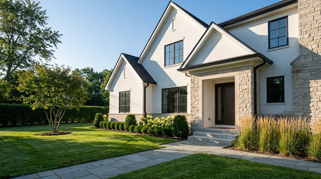 Gabled stone-and-stucco home beyond a broad lawn, with a diagonal bluestone walk and specimen tree.