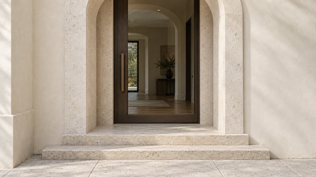 Bronze-framed glazed entry door set in a cream plaster arch above broad limestone steps.