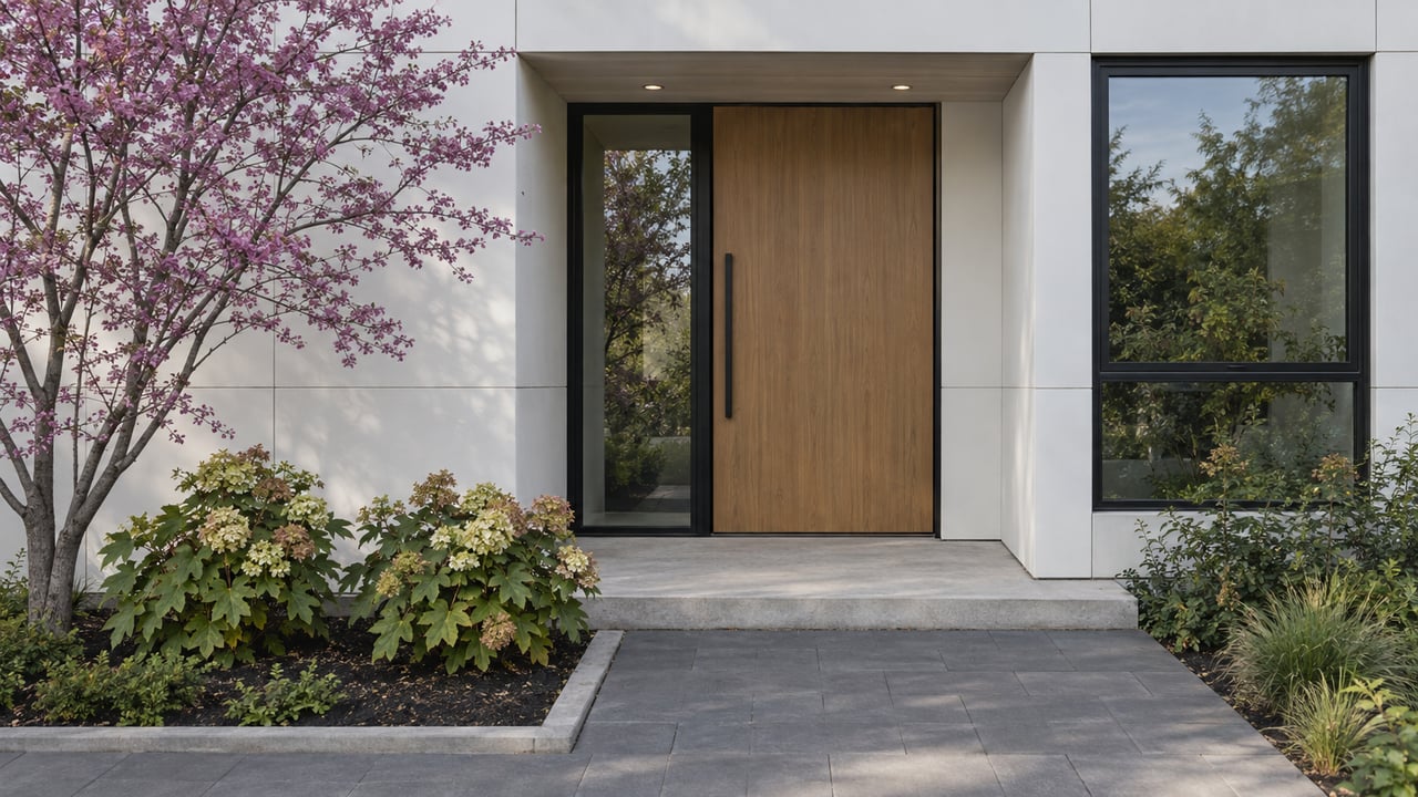 White-clad home entry with an oak pivot door, black-framed glazing, and a sculptural tree beside the approach.