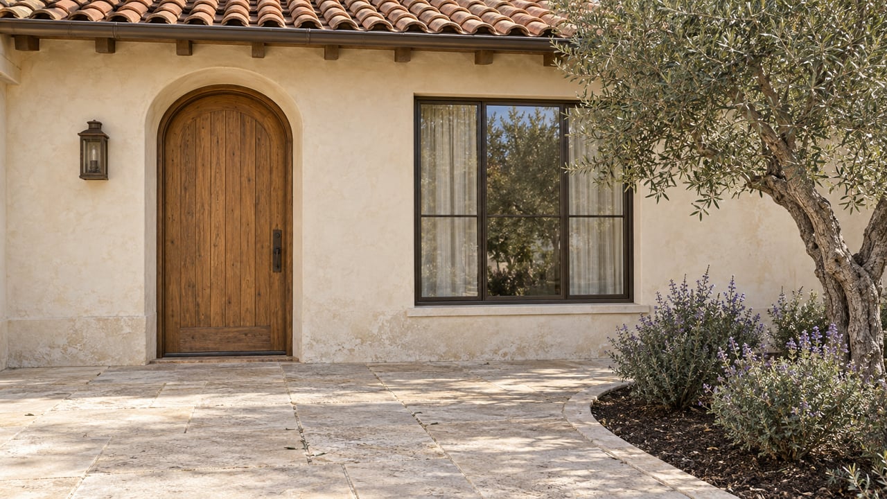 Cream stucco home with an arched oak entry, terracotta roof, limestone terrace and a mature olive tree in bright morning light.
