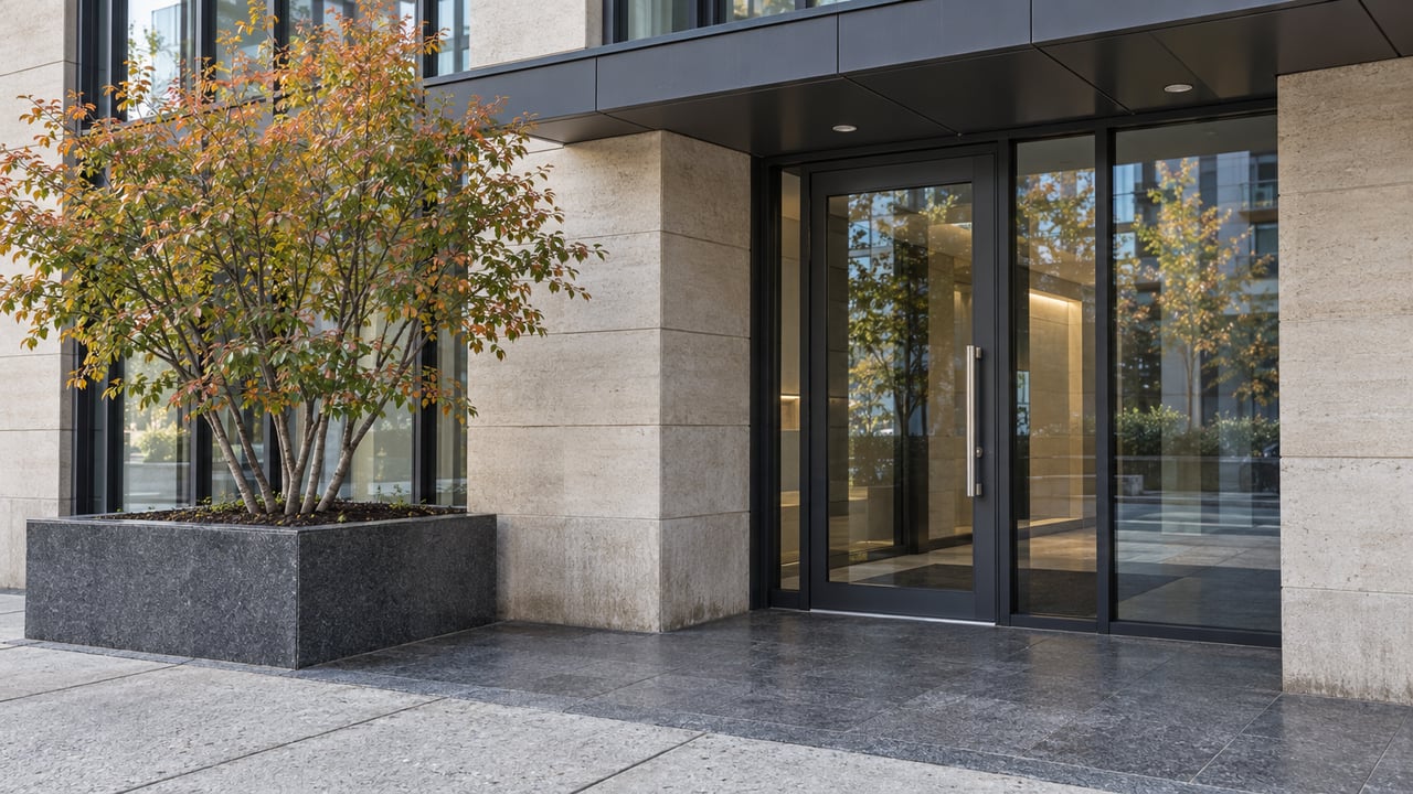Modern residential entrance with dark-framed glazing, limestone, charcoal granite paving and a serviceberry in a raised planter.