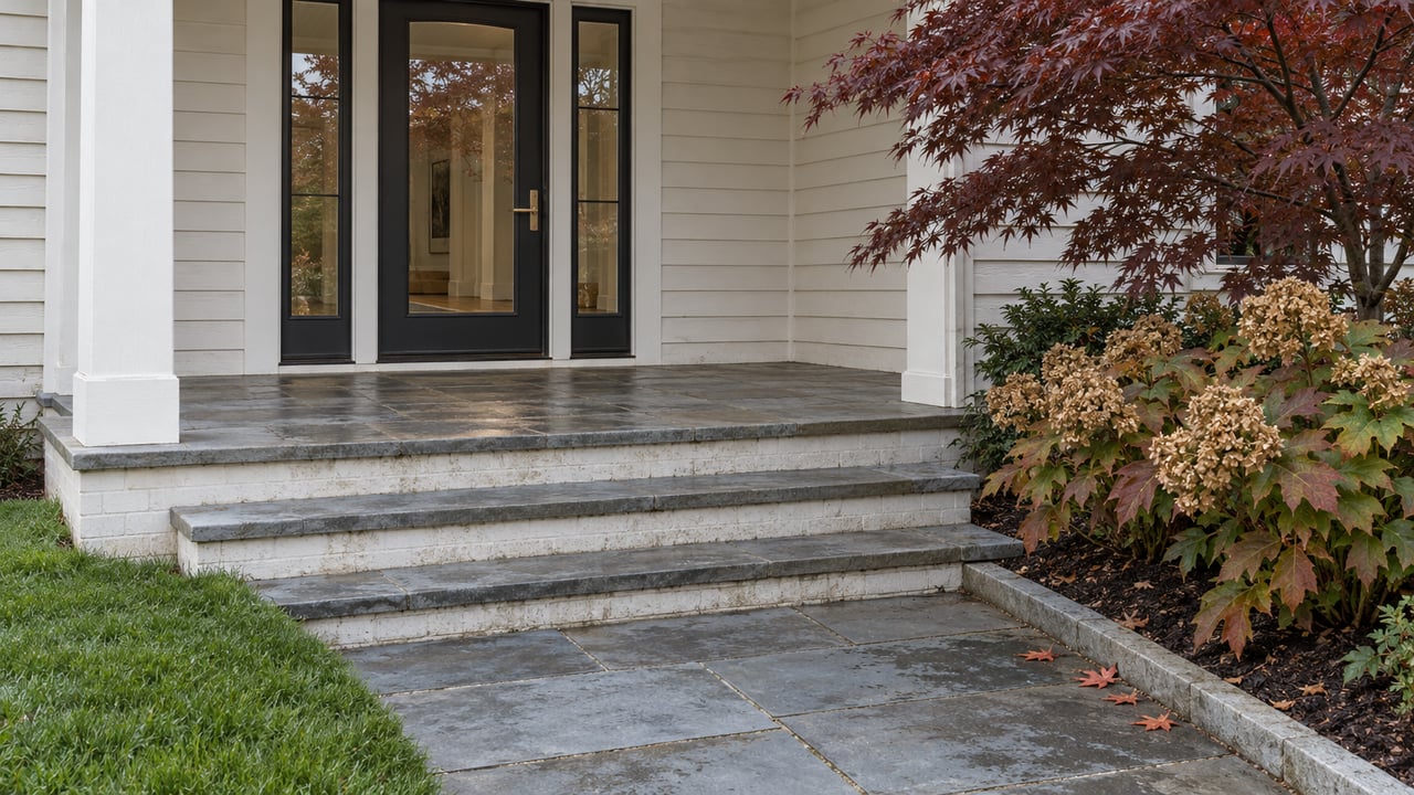 A white clapboard home's glazed charcoal entry overlooks broad bluestone steps, with burgundy Japanese maple foliage and autumn oakleaf hydrangeas beside the approach.
