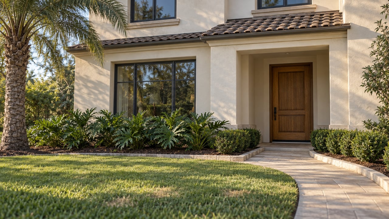 Morning sunlight grazes an ivory stucco home with dark-framed windows, an oak entry door, a paver path and a planted front garden.
