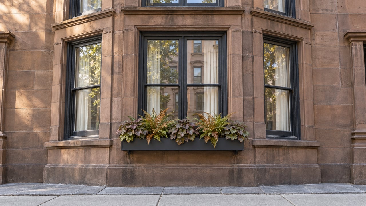 Morning light on a weathered brown sandstone residential window bay, dark timber sash windows and a planted charcoal window box above a stone apron.