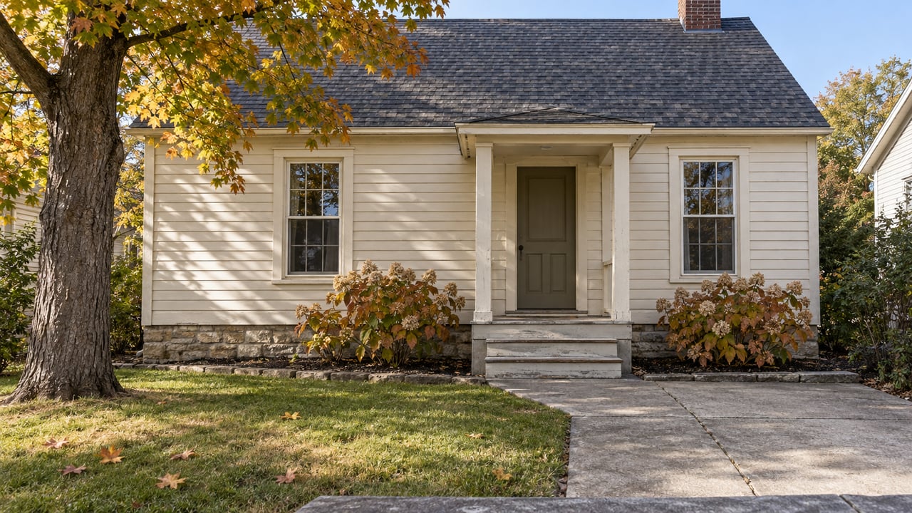 A small ivory clapboard home with a steep roof and recessed porch faces a compact autumn courtyard with a concrete path and amber maple leaves.