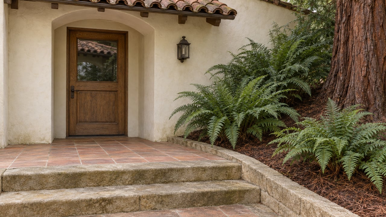 Arched stucco entrance with an oak-and-glass door, worn terracotta landing, sandstone steps, and sword ferns beside a redwood trunk.