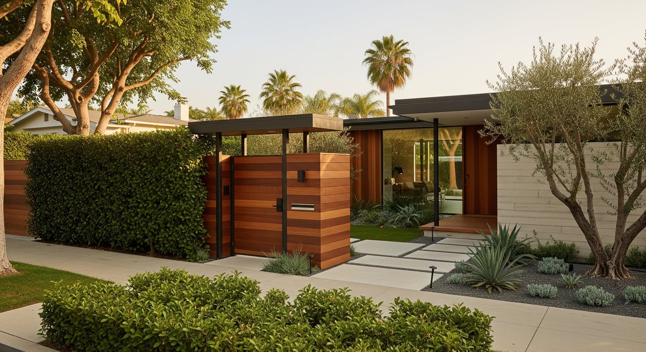 Modern single-story home behind a wood-and-black metal gate, with desert landscaping and mature trees.