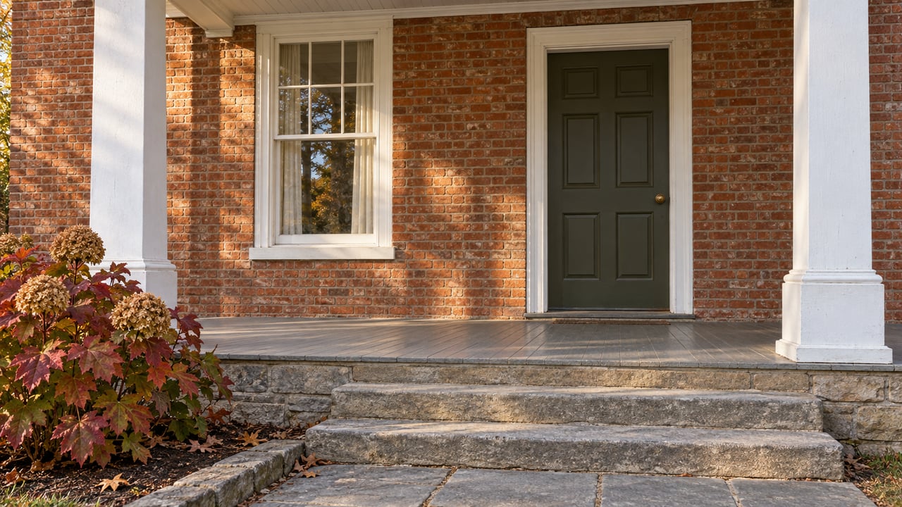 Autumn sunlight on a brick home's painted porch columns, olive front door, sash window, and weathered stone steps beside an oakleaf hydrangea.