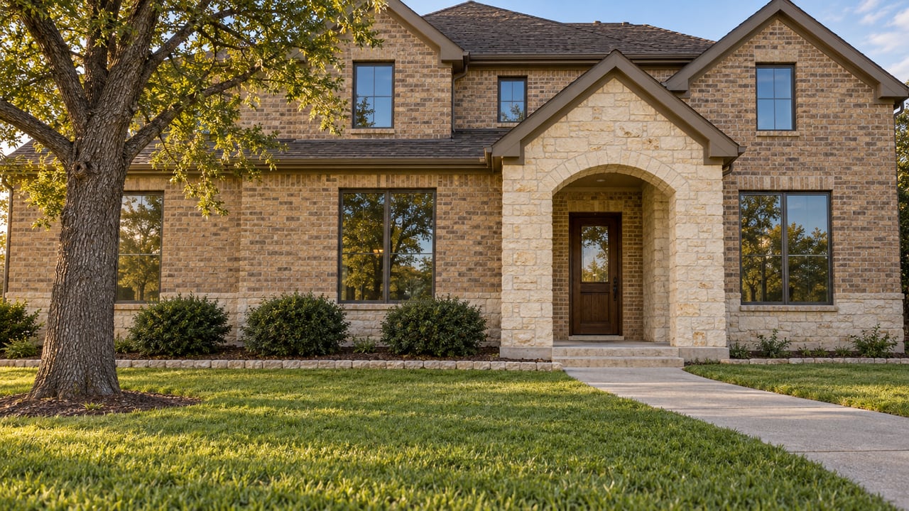 A substantial tan-brick and pale limestone home beyond a deep lawn, with an arched entry and established oak.