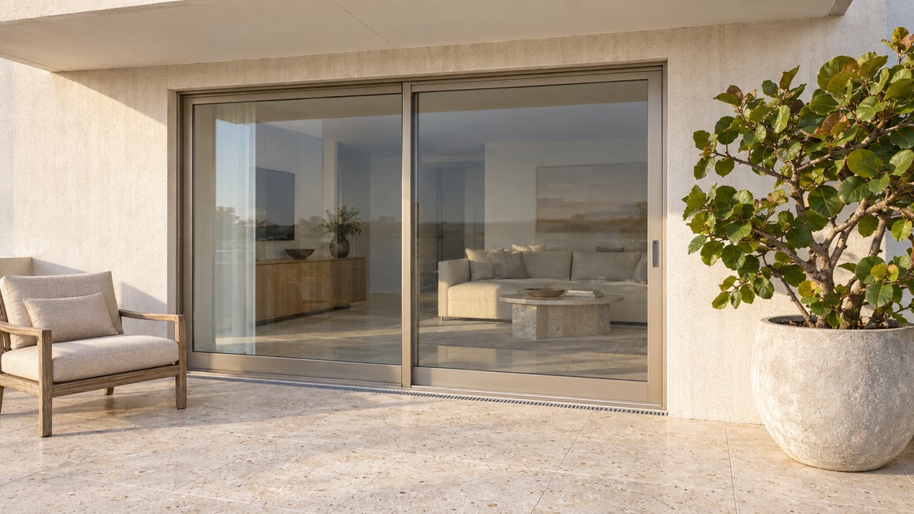 Sunlit limestone condominium terrace with closed glass doors, a teak lounge chair, and a sculptural sea grape in a ceramic planter.