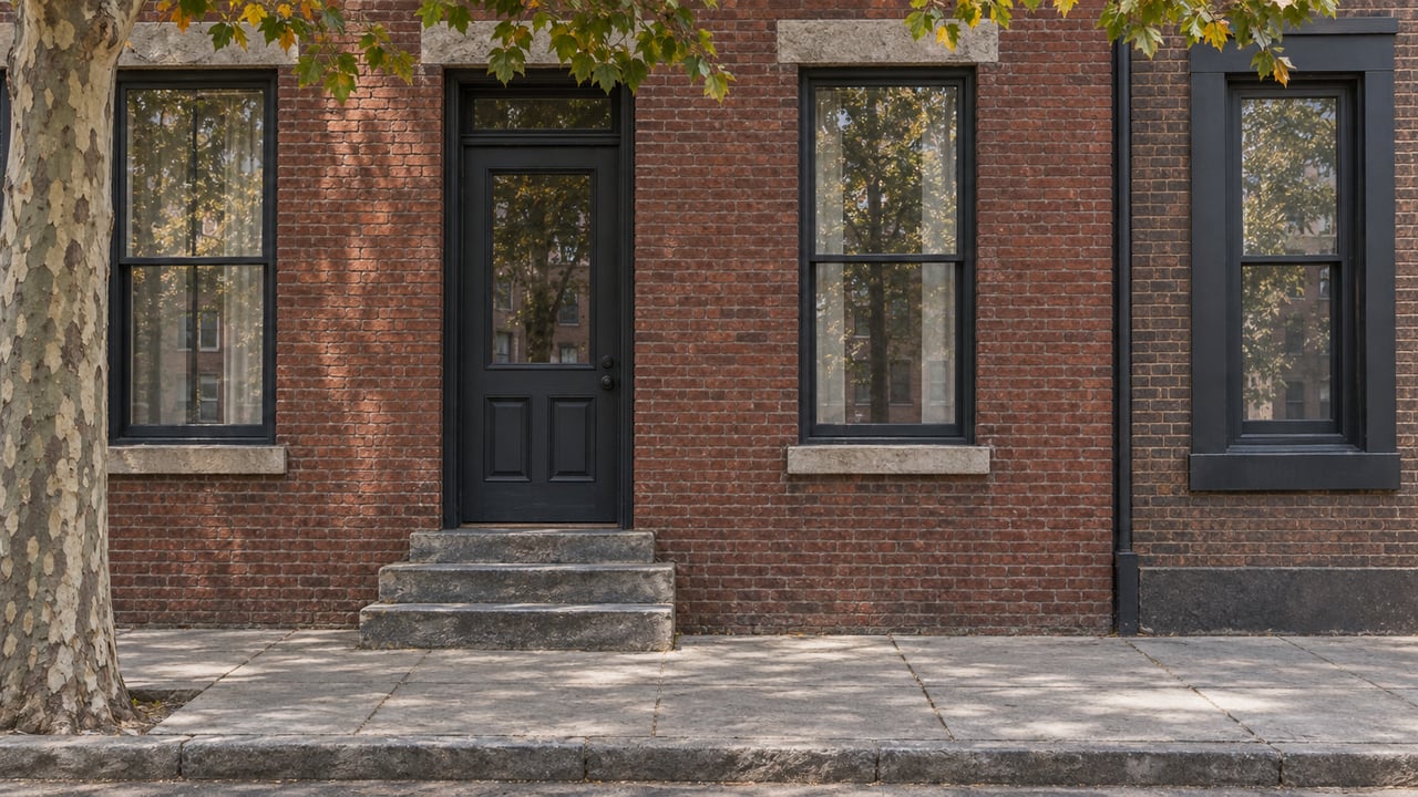 Red-brown brick rowhouse with a charcoal door, three limestone steps, and a tree at the edge.
