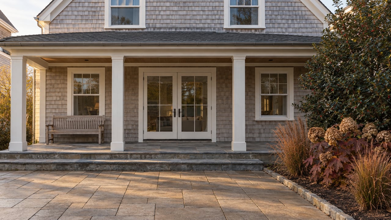 Weathered cedar home with an ivory-trimmed covered porch, stone steps and a sunlit paver terrace beside late-autumn planting.