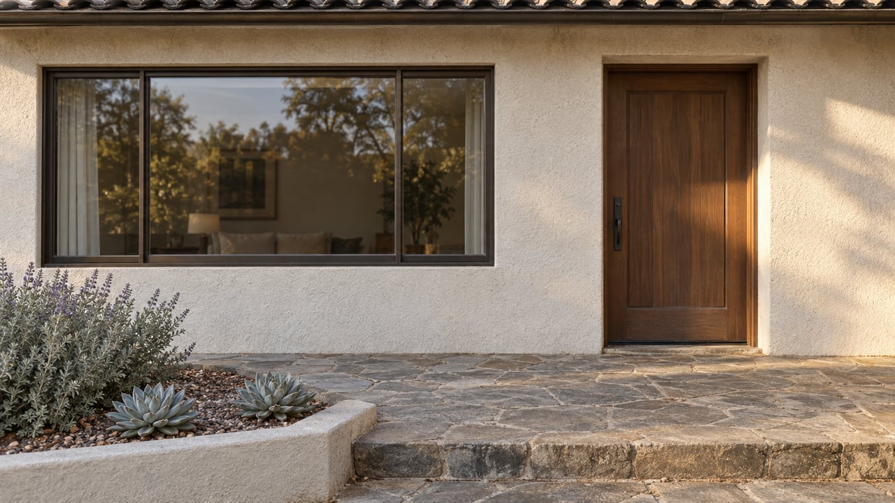 Off-white stucco house entry with a walnut-toned door, broad window, stone landing, and two succulents.