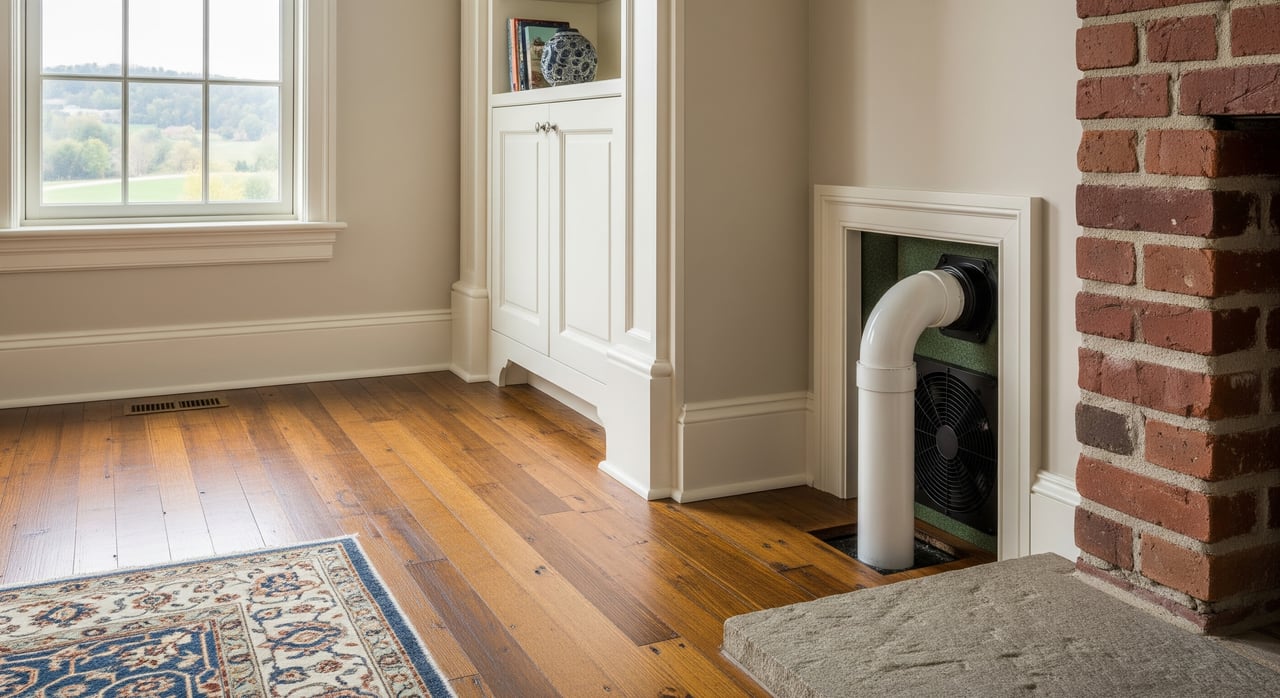 Hardwood-floored room with a window, built-in cabinet, and exposed ventilation unit beside a brick fireplace.