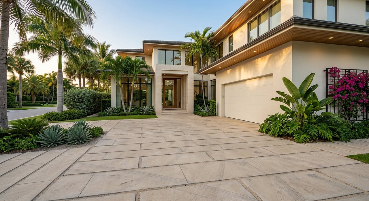 Modern home with a limestone entry, broad paver driveway, clipped hedges, and tropical palms.
