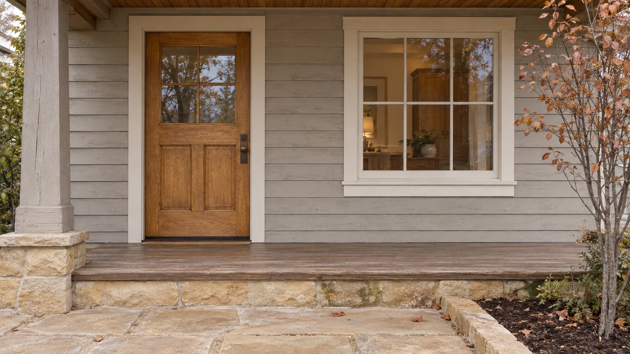 Weathered timber porch and oak entry door beside a cream-framed window, sandstone steps and a copper-leaved serviceberry.