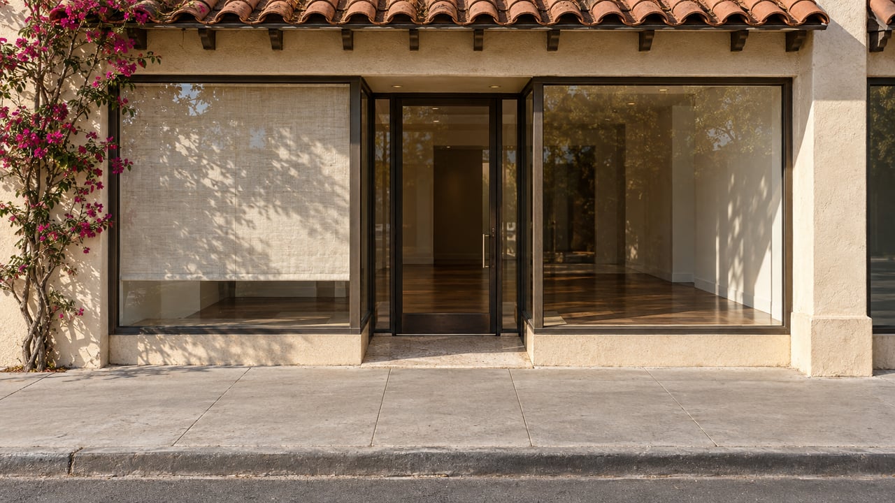 Ivory stucco storefront with a recessed glass entry, clay-tile canopy, and magenta bougainvillea.
