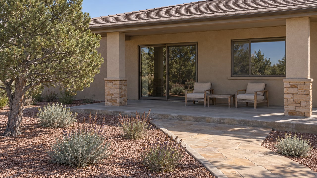 Sunlit stucco home with a covered patio, sandstone details, teak chairs and a spacious dry garden planted with a sculptural pinyon pine.