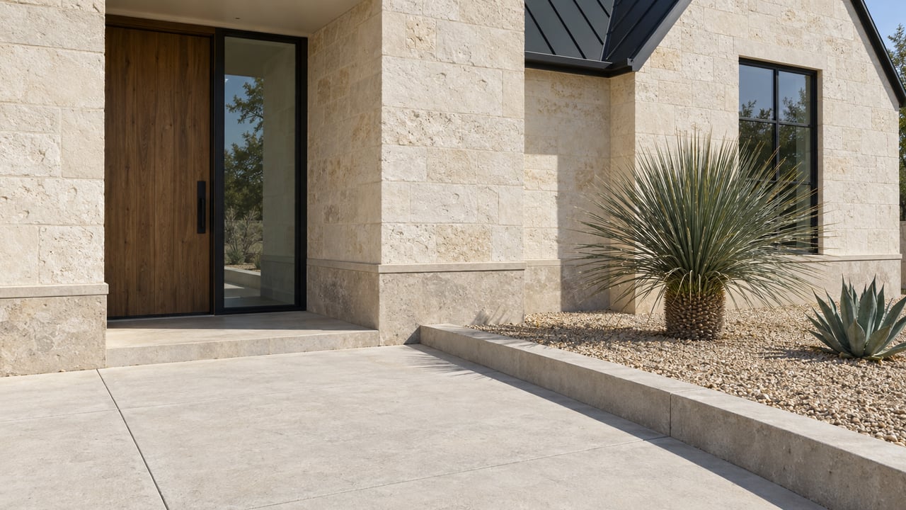 Pale stone house entry with a recessed timber door, concrete approach, and two desert plants.
