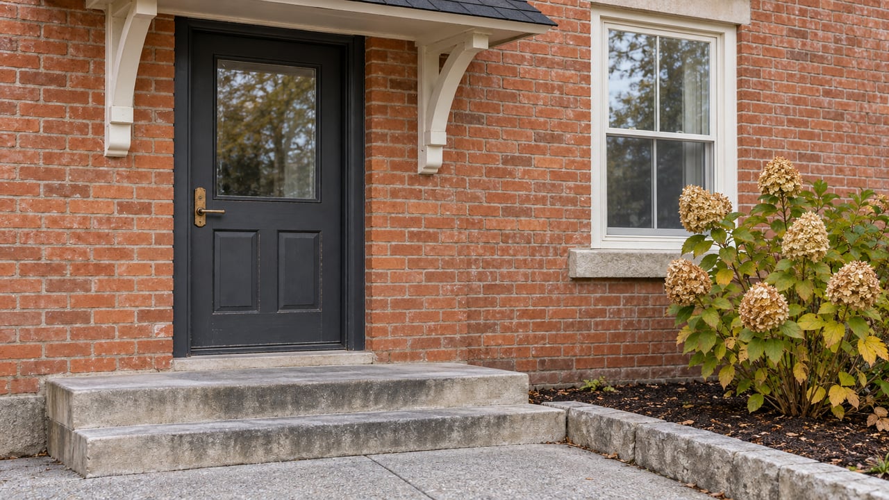 A charcoal-painted front door beneath a timber canopy, with red brick walls, limestone steps and an autumn flowering hydrangea beside a window.