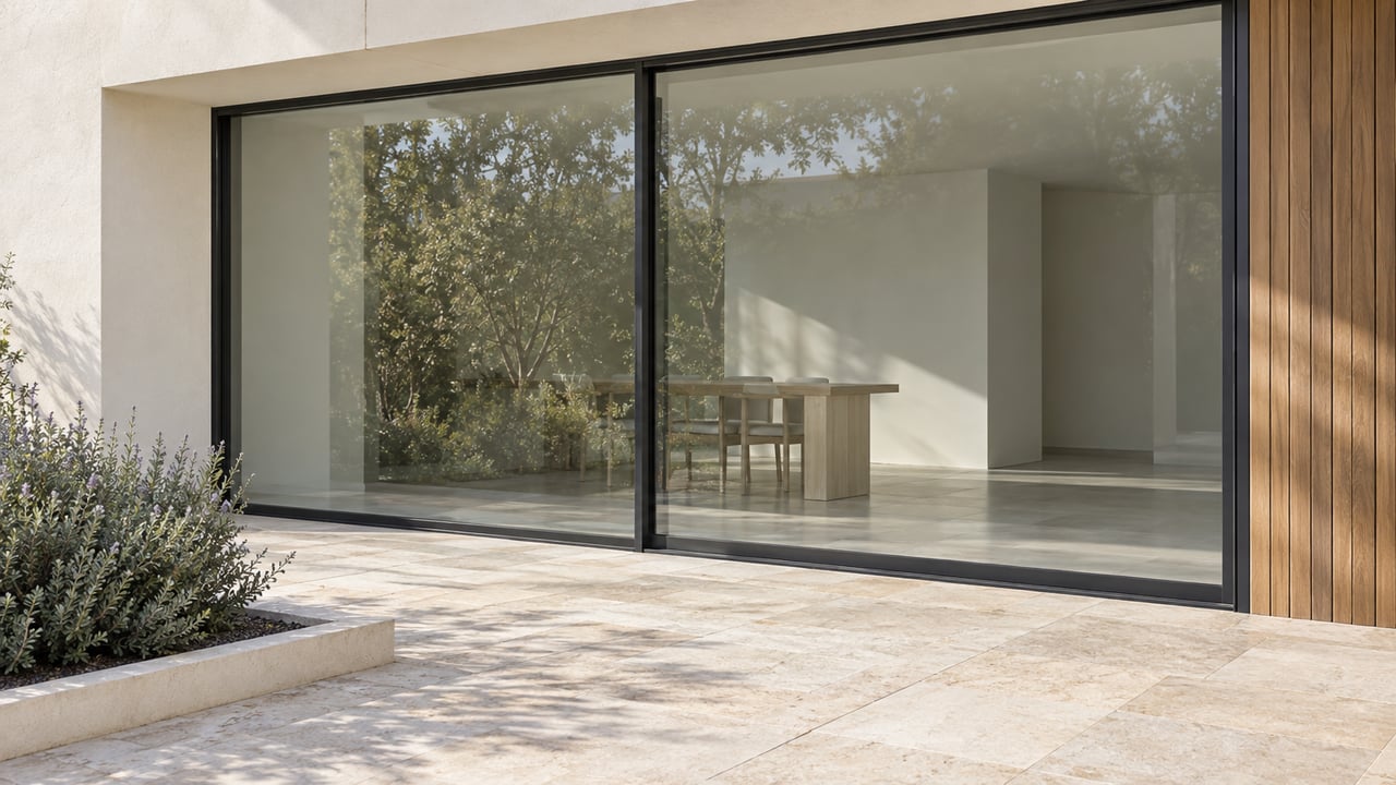 Cream stone terrace beside a modern home’s charcoal-framed glass doors, wood cladding, and silver-green sage.