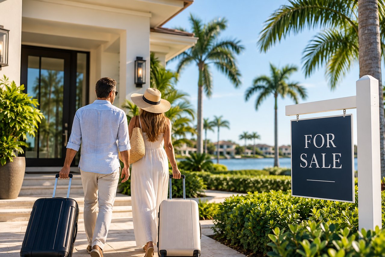 Couple with suitcases approaches a modern waterfront home beside a FOR SALE sign.