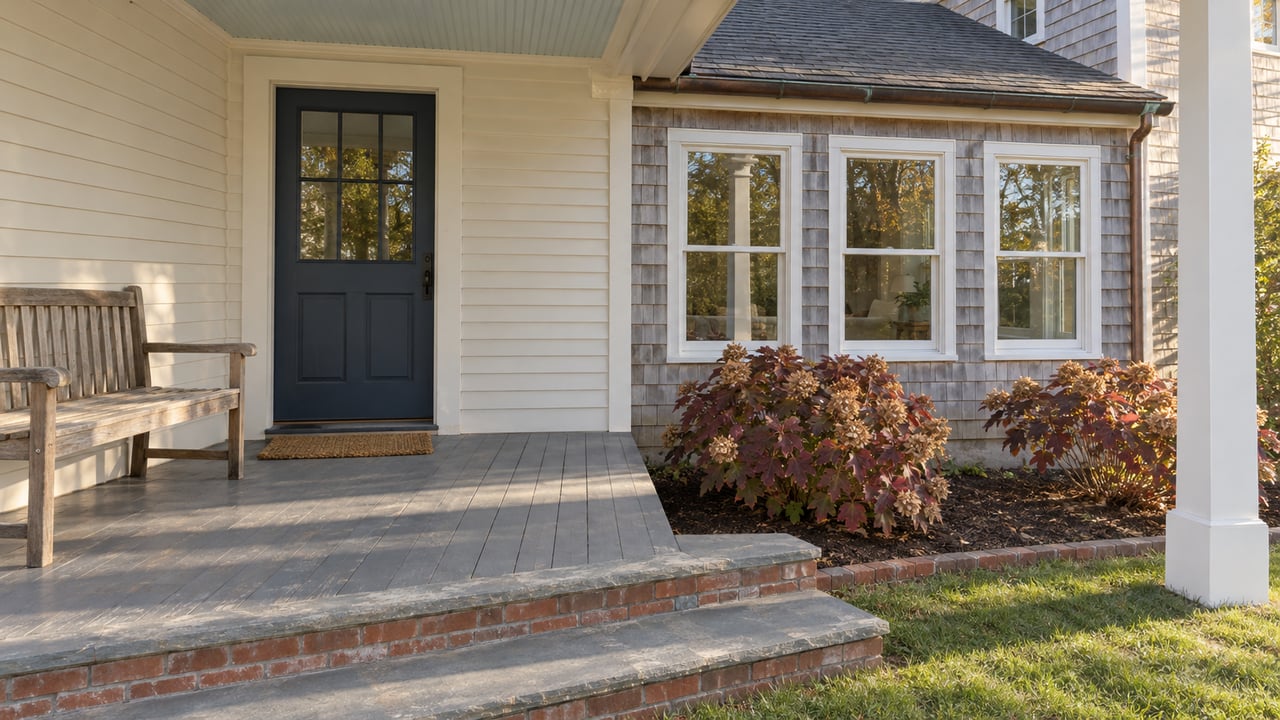 Autumn light crosses a weathered porch beside an ivory clapboard home and cedar-shingled sunroom, with burgundy oakleaf hydrangeas below.