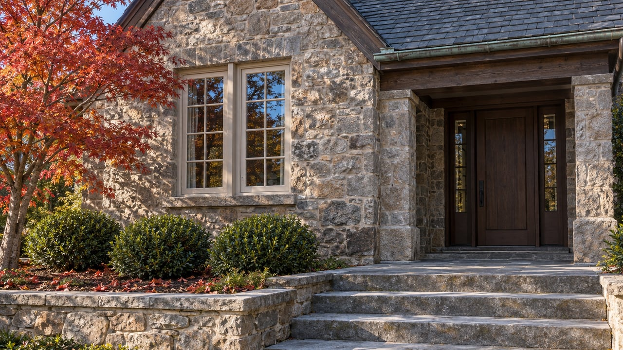 Autumn sunlight grazes a stone house with paired windows, an oak entry door and broad bluestone steps beside a copper-red Japanese maple.