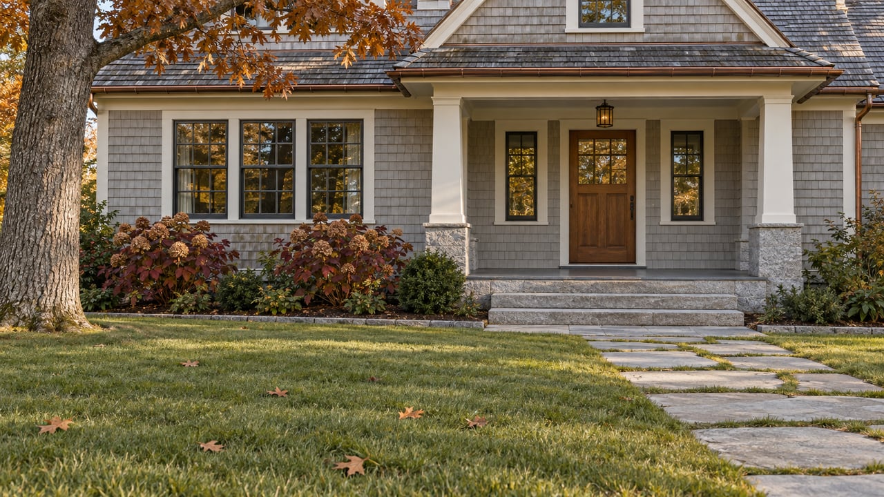 A cedar-shingled home with cream trim, granite entry steps and autumn planting viewed across a broad lawn.