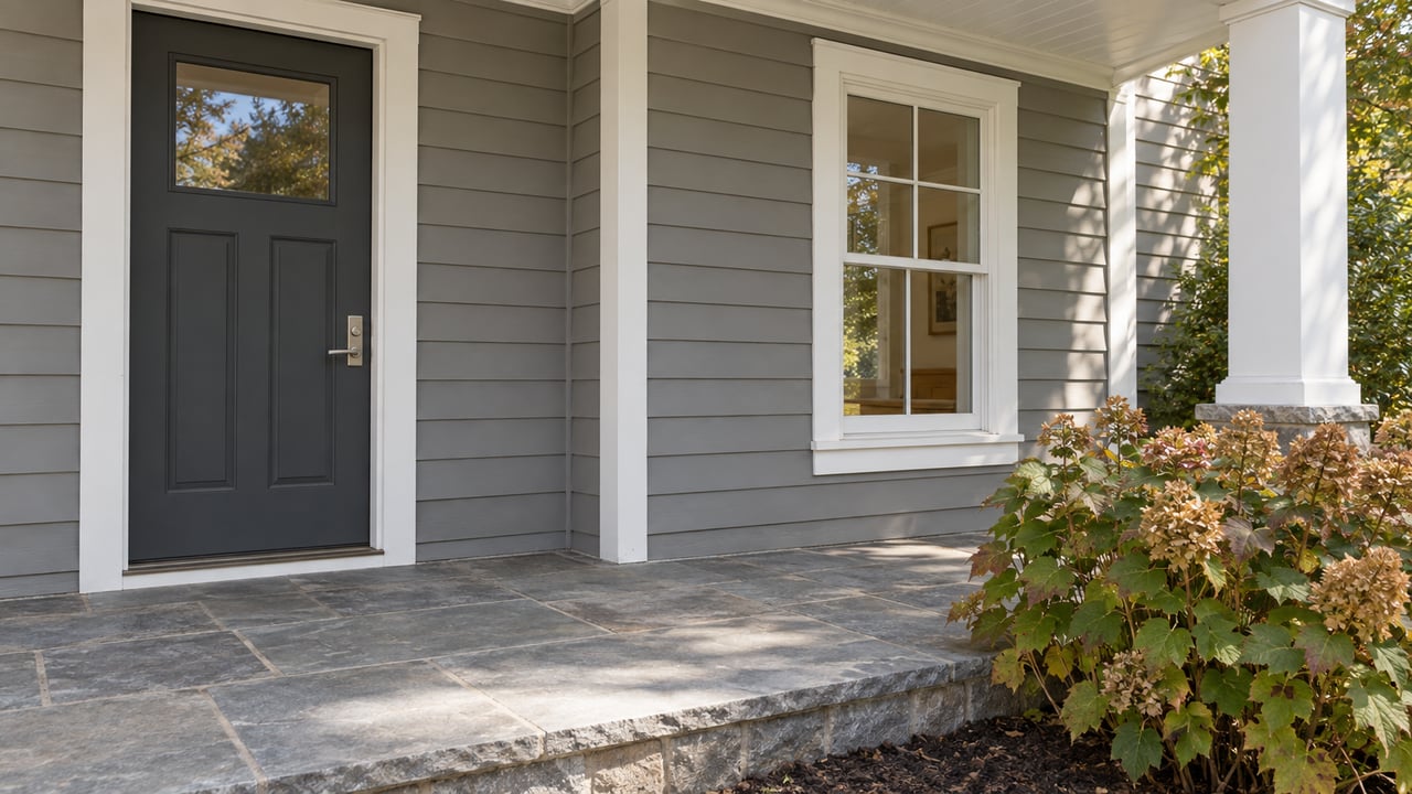 Covered entry with a charcoal door, divided-light window, gray siding and stone landing beside an autumn oakleaf hydrangea.
