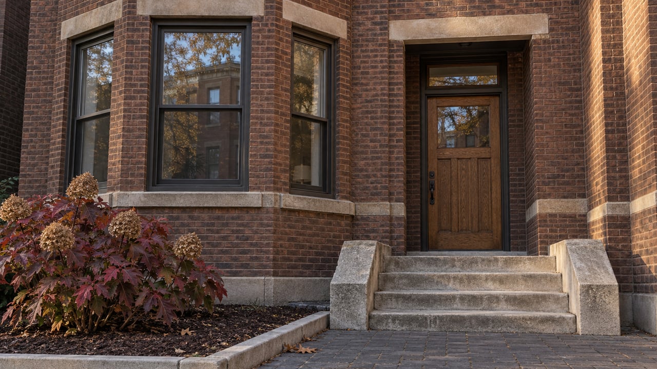 Brick residence entrance with a recessed wooden door, stone steps, and autumn foliage.