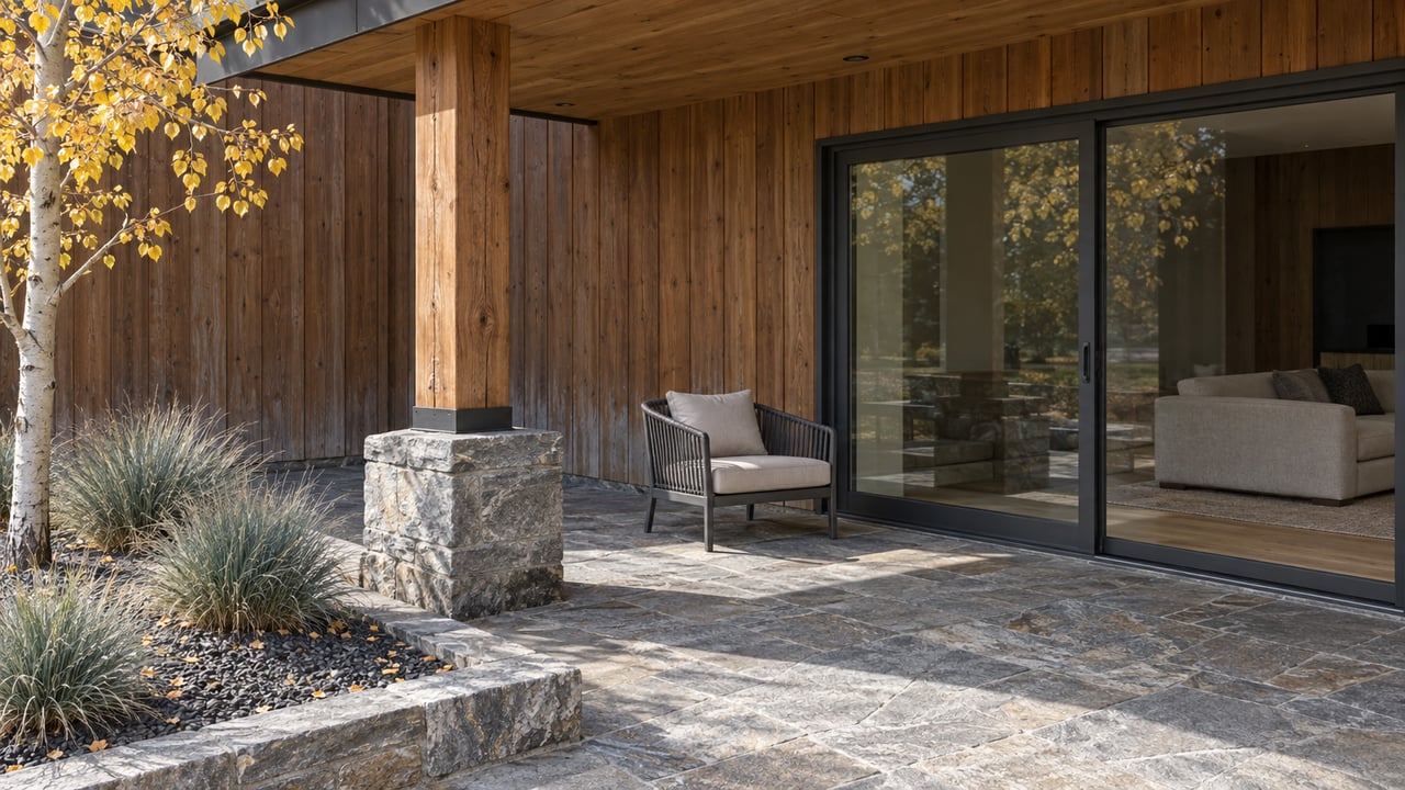 Timber-supported covered patio with quartzite paving, dark-framed glass doors and yellow aspen leaves.