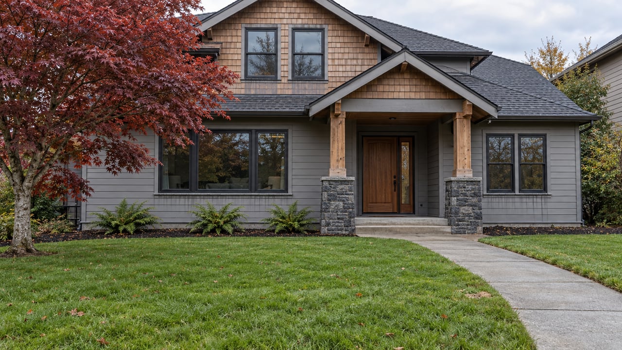Established craftsman home with gray siding, cedar gables, basalt porch bases and a deep autumn lawn beside a burgundy Japanese maple.