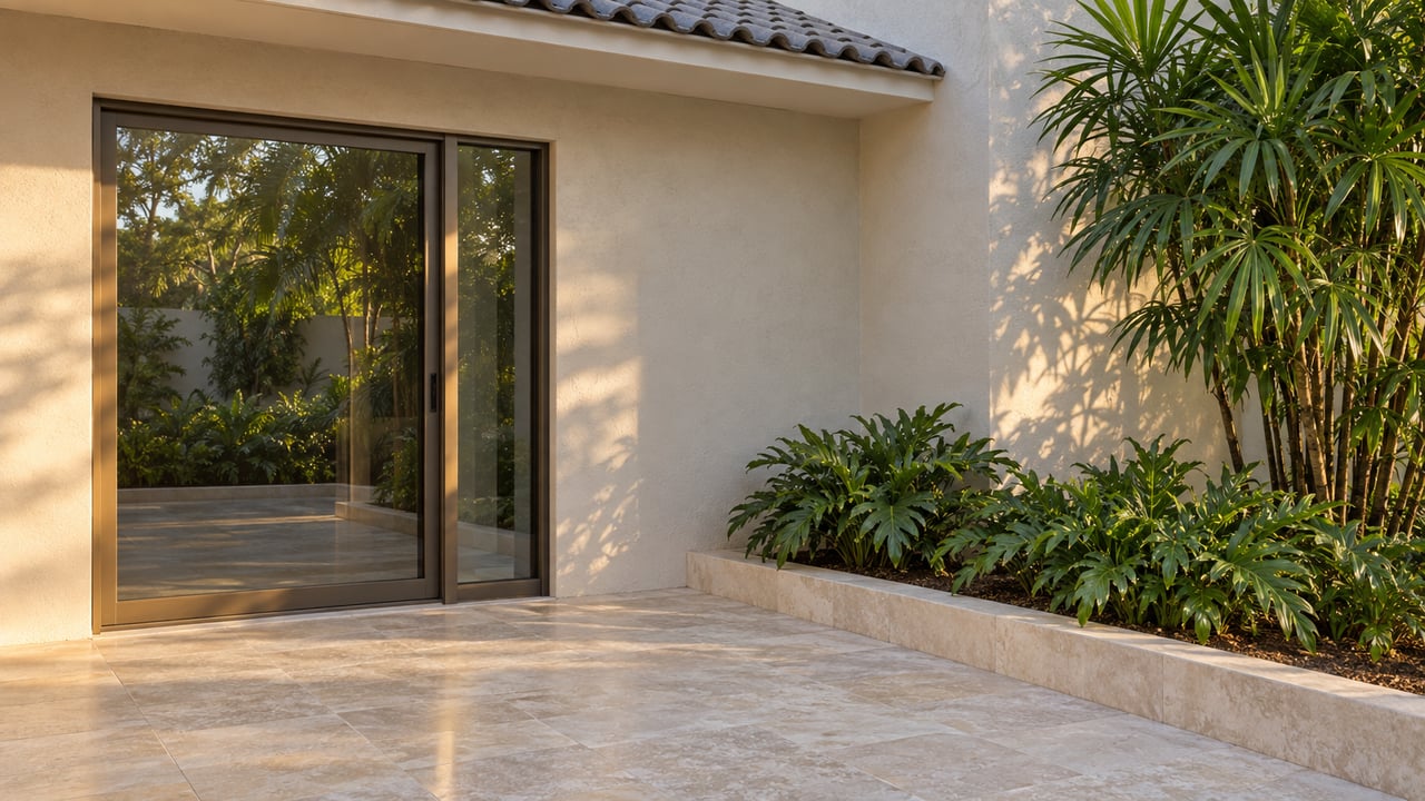 Villa terrace with a bronze-framed sliding door, limestone paving, and a raised bed of fan palms and philodendrons.