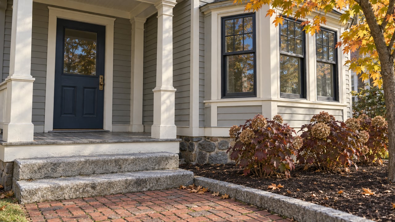 Morning light on a gray clapboard home's blue front door, bay windows, granite steps and autumn planting.