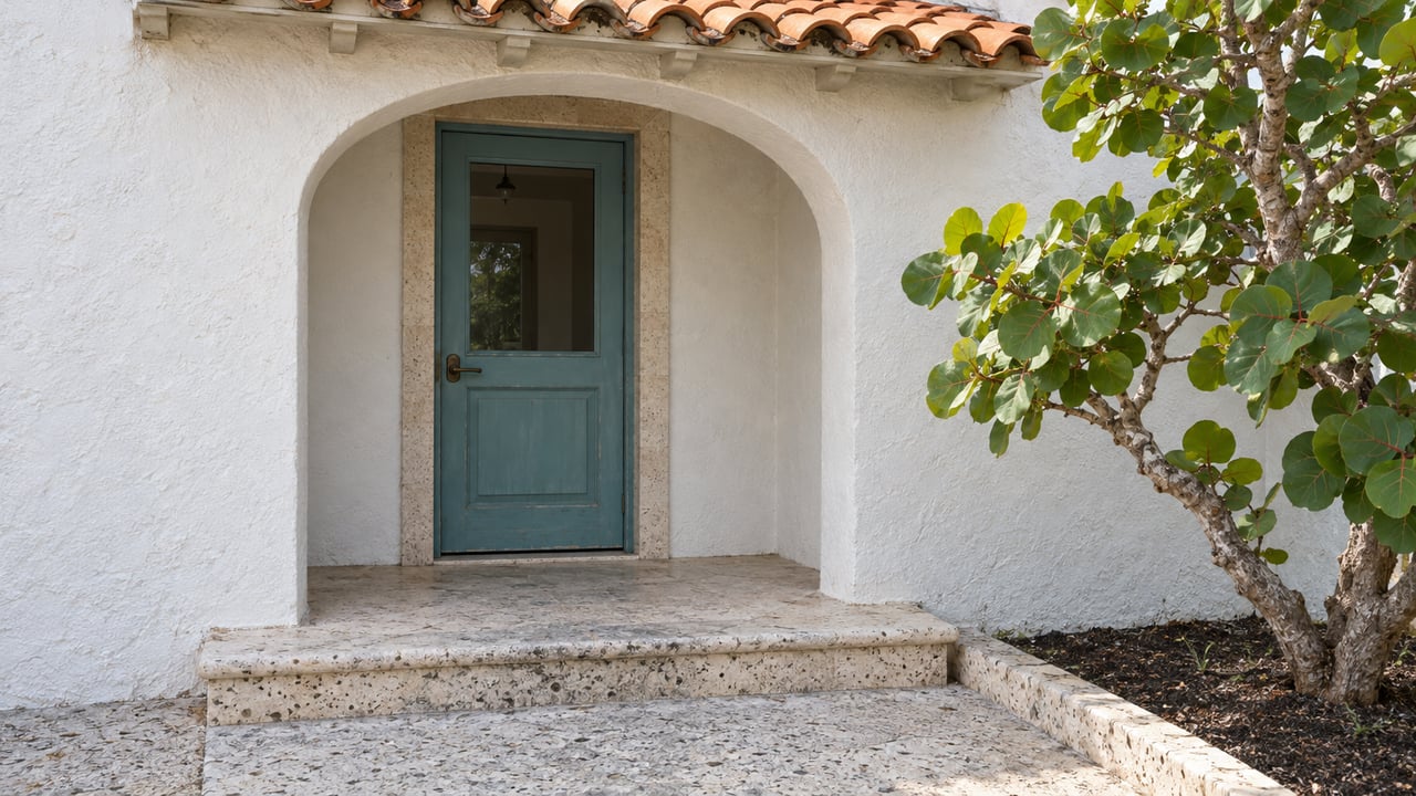White stucco home with an arched turquoise door, weathered clay roof tiles and a coral-limestone entry step beside sea-grape leaves.
