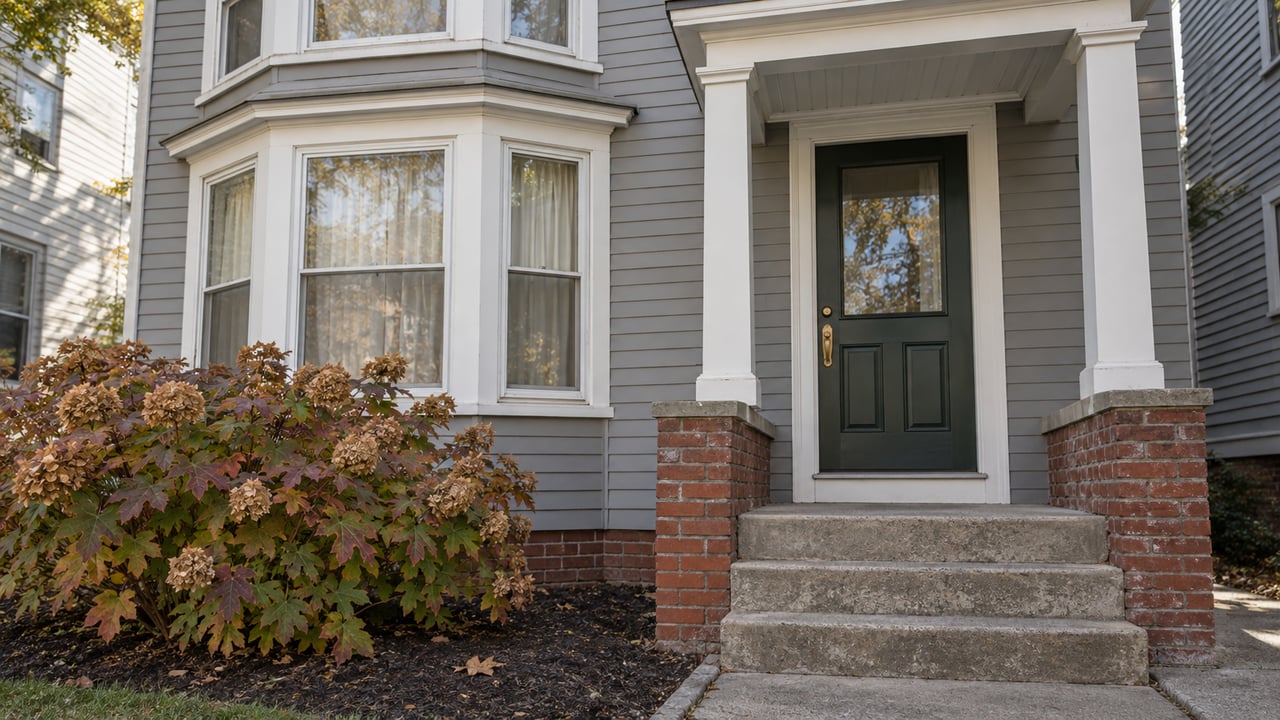 Gray clapboard home with stacked bay windows, a green entry door, weathered concrete steps and autumn oakleaf hydrangea.