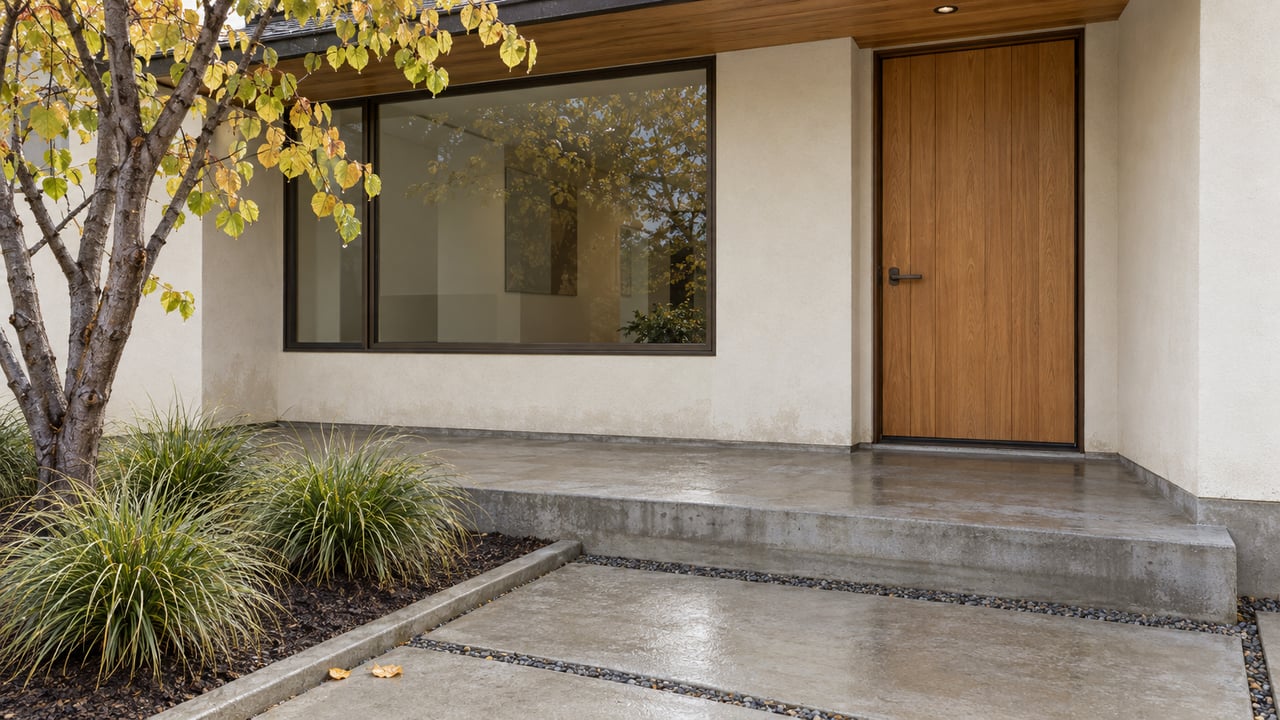 An oak front door and bronze-framed window above a concrete entry landing, beside an autumn redbud and sedge planting.