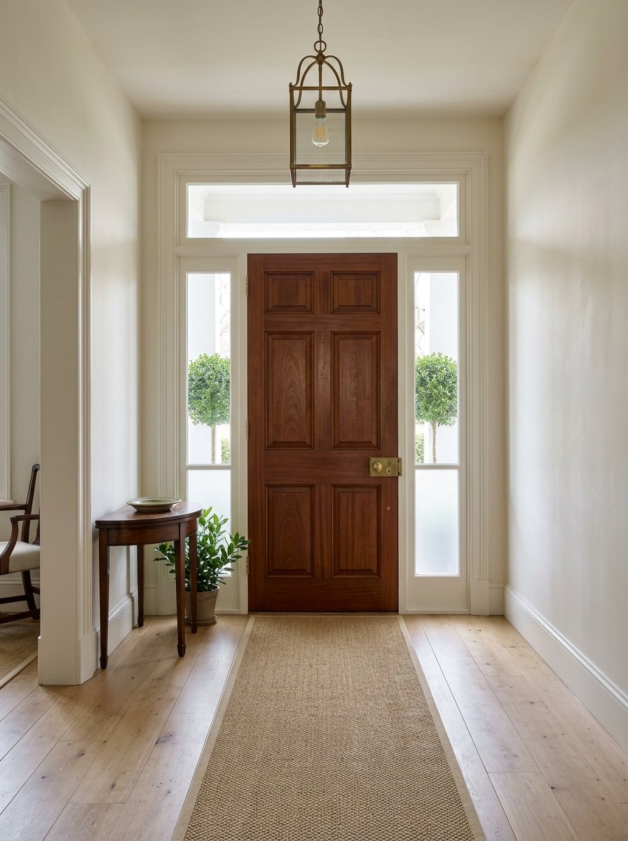 Mahogany entry door with a lantern in a quietly styled foyer.