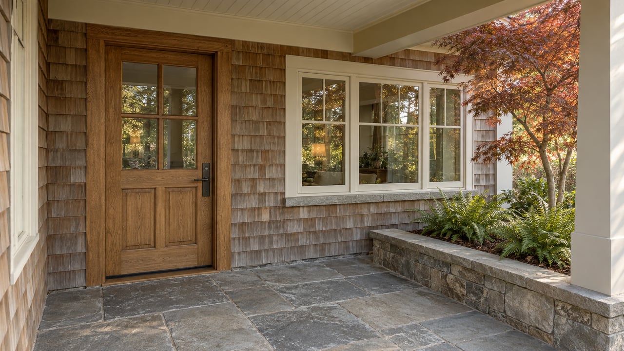Sheltered cedar-shingle entry with a glazed oak door, divided-light window and sandstone porch beside an autumn Japanese maple.