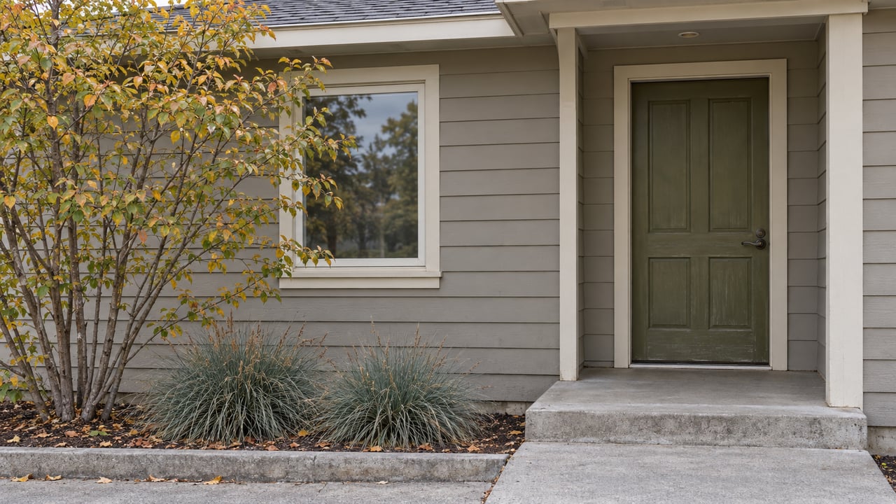 Ranch house entry with an olive door, cream-trimmed window, concrete step, and autumn serviceberry planting.