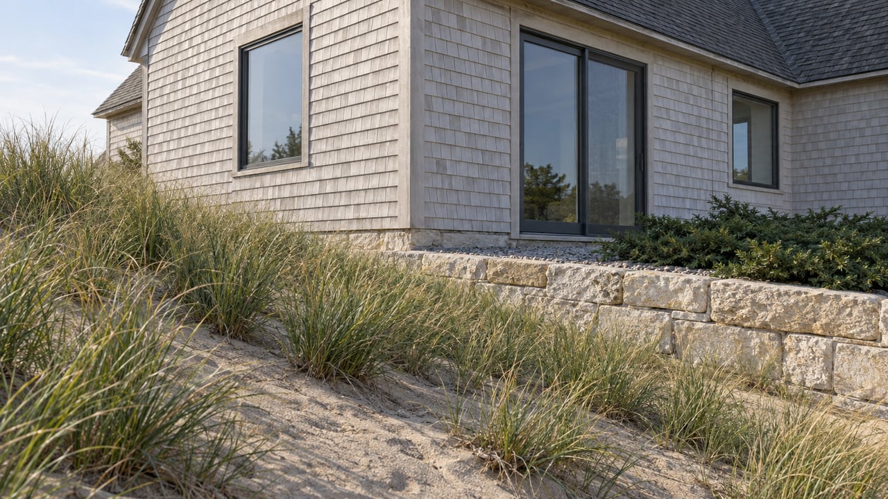 Shingled house corner above a limestone retaining wall, with dune grass and juniper on the sandy slope.