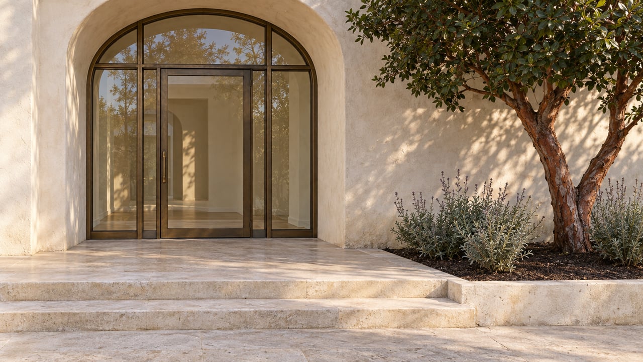 Warm plaster arched entry with bronze-framed glass doors, worn limestone steps, and a sculptural strawberry tree in a bordered planting bed.