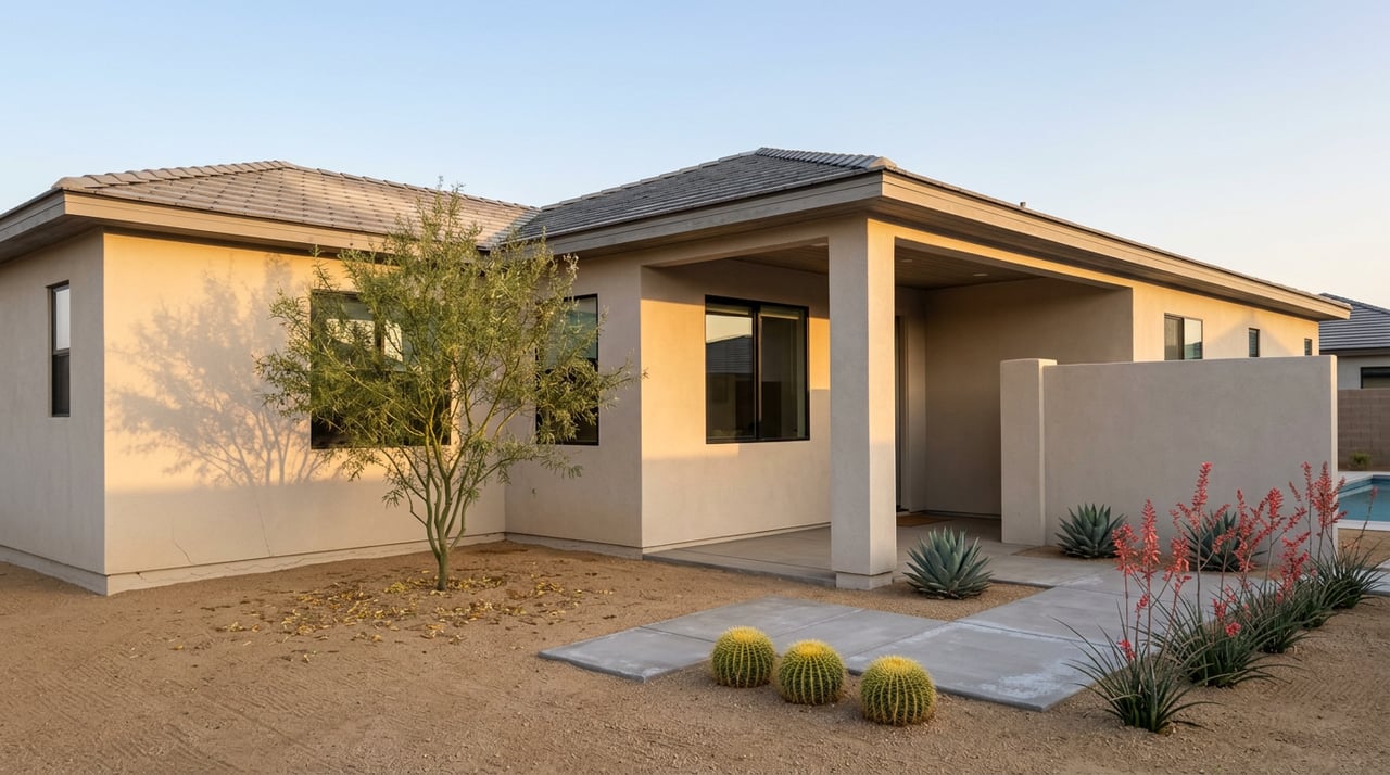 Stucco home with a covered entry, desert willow, cactus, red yucca, and a glimpse of pool water over a privacy wall.