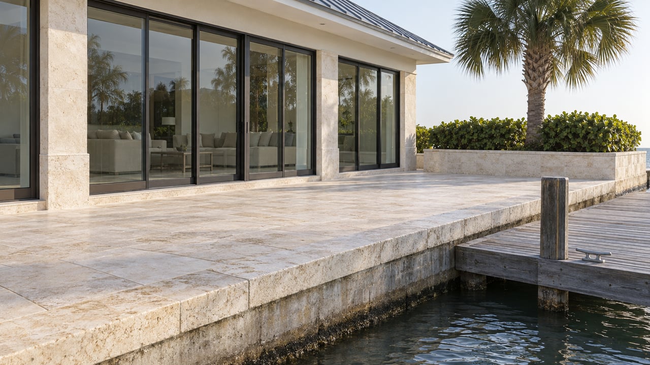 Limestone terrace beside a weathered dock, canal, and glass doors on a pale stucco waterfront home.