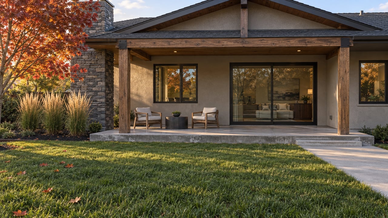 Autumn light on a timber-covered patio and gray ranch home, with red maple foliage and a deep lawn.