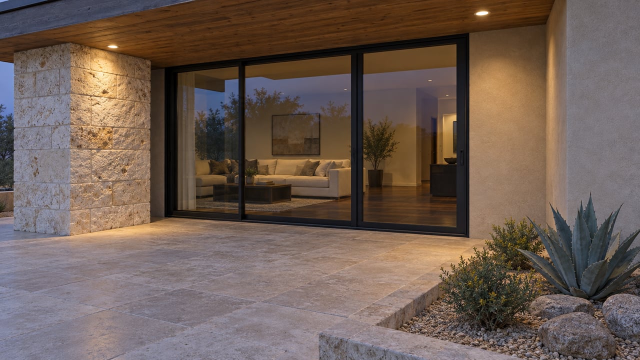 Blue-hour terrace with limestone paving, warm timber soffit, closed glass doors and a planted agave beside pale stone walls.